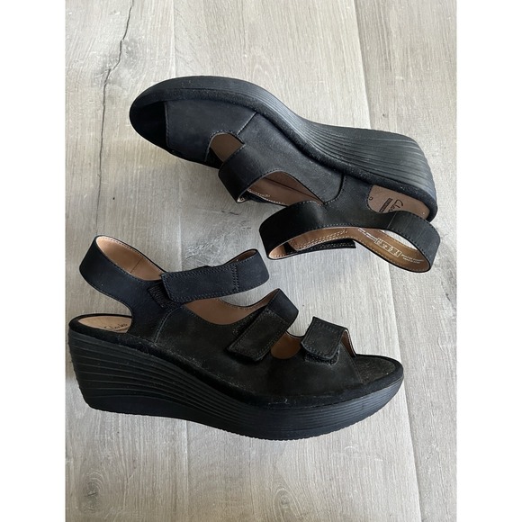 Clarks Shoes - Clarks Reedly Juno Wedge Sandals Womens 8.5 W Black Soft Cushion Comfort